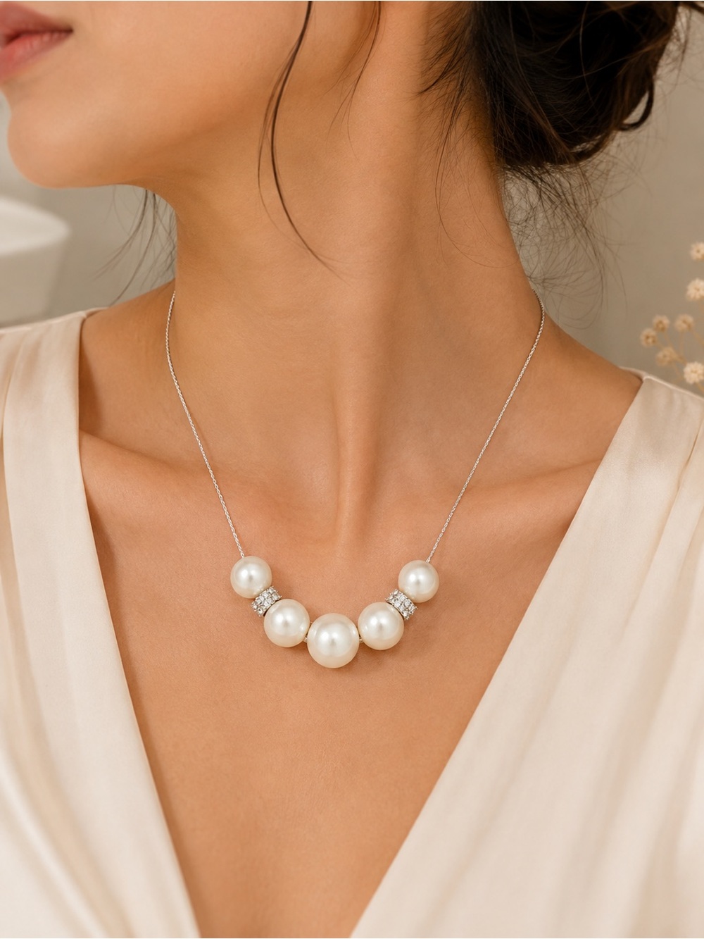 Pearl & Rhinestone Silver Tone Adjustable Necklace